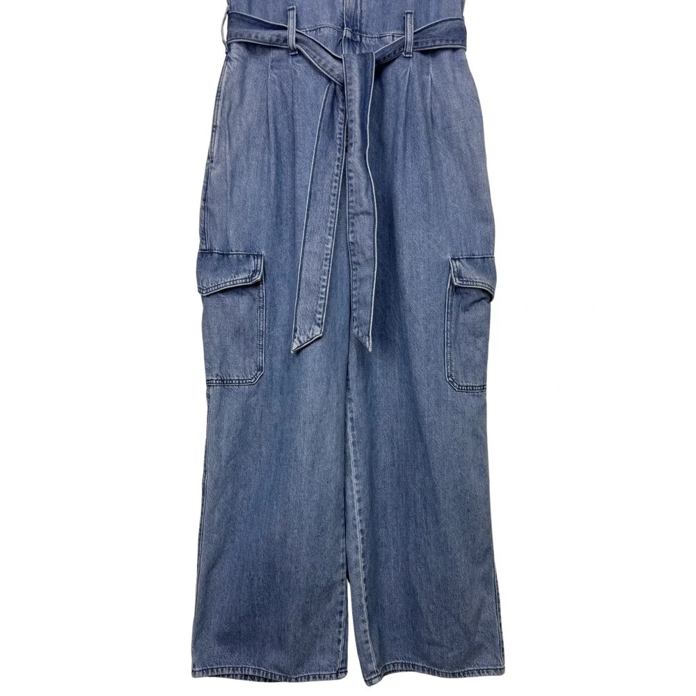 Sleeveless Denim Jumpsuit with Belt - Blue - Picture 2 of 12